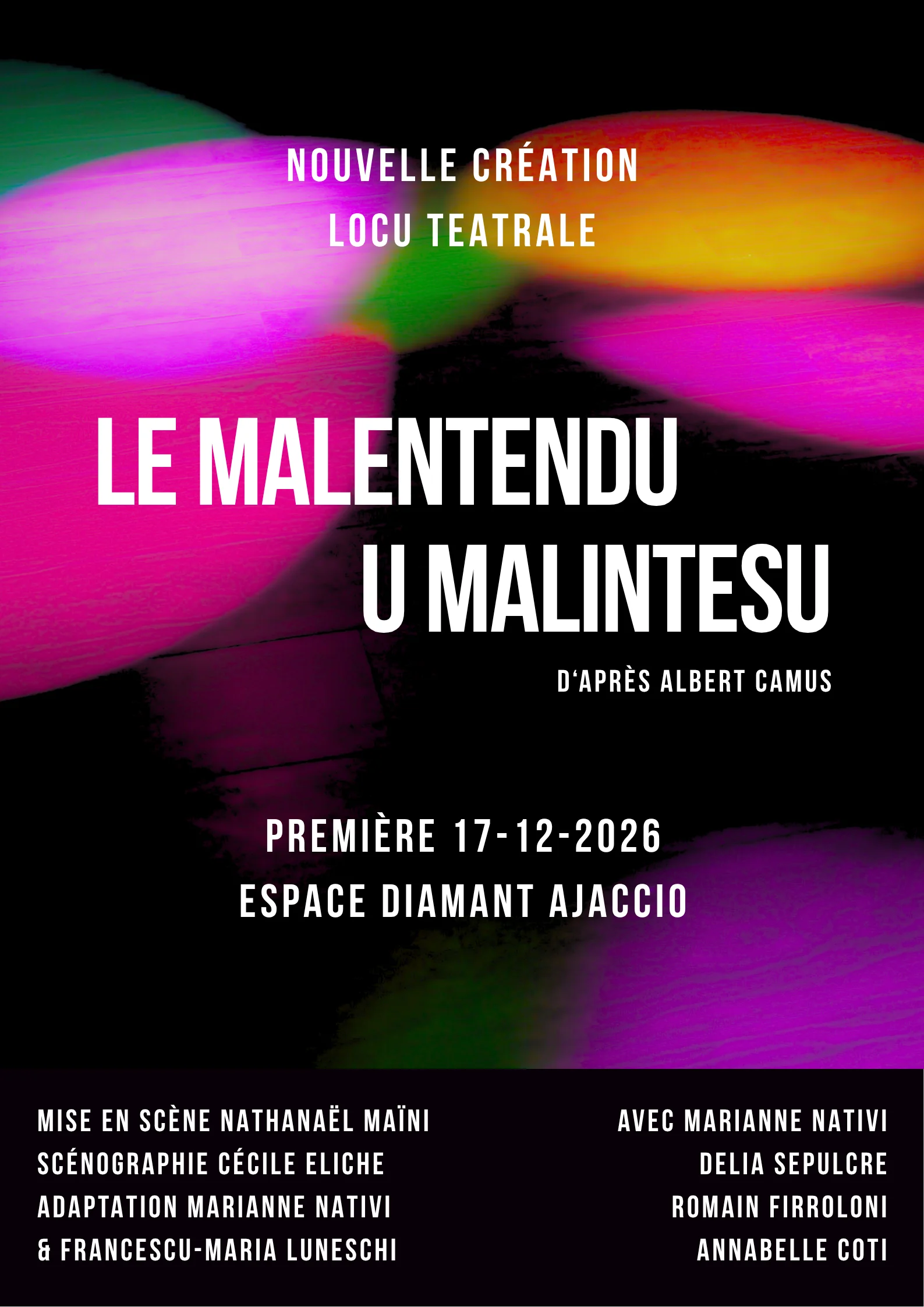 Le Malentendu / U Malintesu, création Locu Teatrale d'après Albert Camus, première le 17 décembre 2026 à l'Espace Diamant, Ajaccio